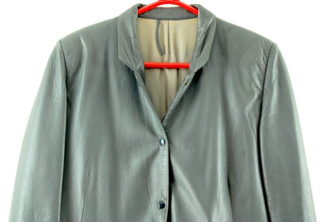 Front close up top of 80s Vintage Ladies Grey Leather Jacket