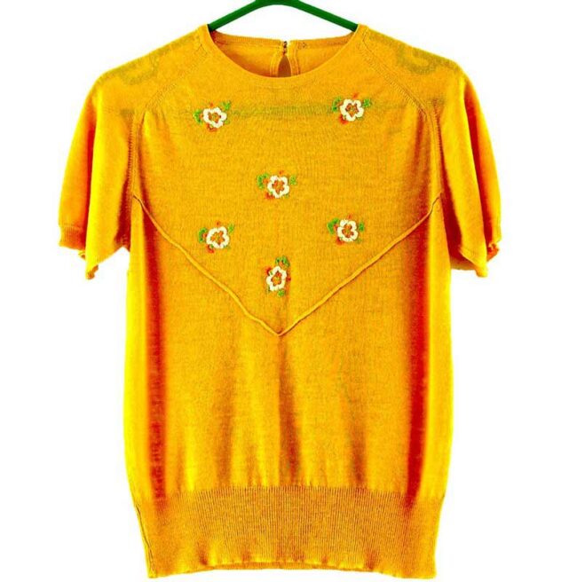 Yellow Floral Motif Vintage 80s Tops