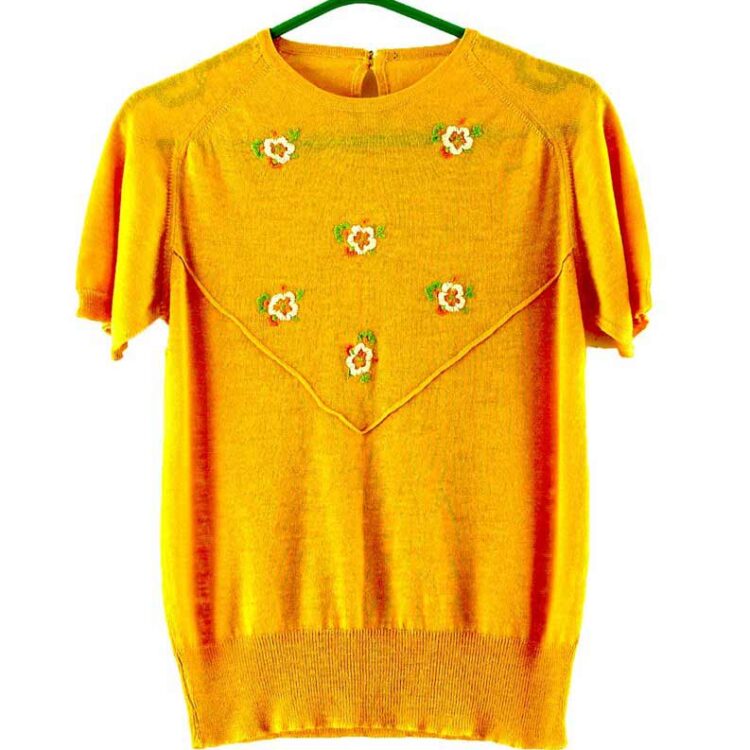 Yellow Floral Motif Vintage 80s Tops