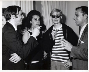 Andy Warhol and friends. From left to right: Bob Stanley, Ultra Violet, Andy Warhol, Paul Bianchini. 6 May 1965