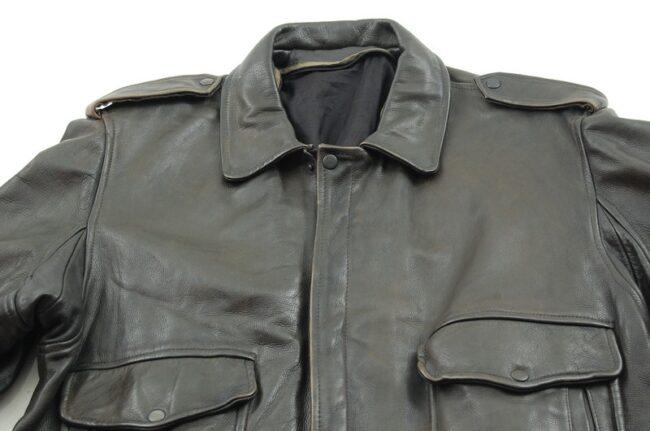 Close up front top of of Mens Brown Leather Bomber Jacket
