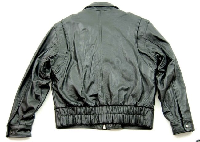 Reverse side of black leather bomber jacket