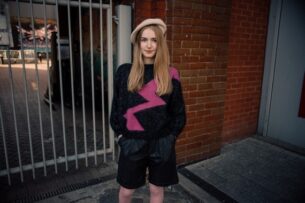 Second Hand Online - Blue17 black leather shorts and black 80s jumper