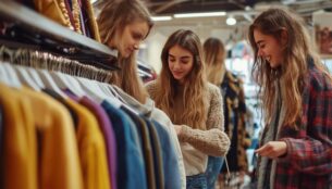 A group of young people enjoying a thrift shopping experience together, browsing through racks of unique clothing items and vintage accessories. The image captures the growing popularity of thrift shops among younger generations who value sustainability, affordability, and individuality in their fashion choices.