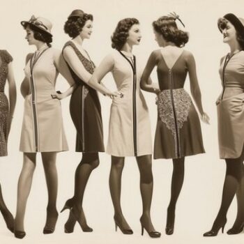A montage of 1930s fashion technology innovations, featuring rayon fabric, nylon stockings, and stylish zippers
