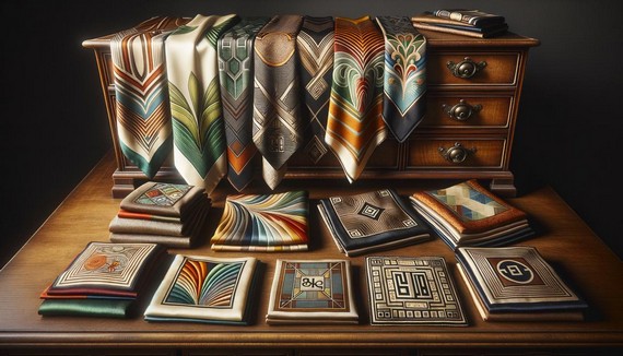 A display of 1930s men's silk scarves and pocket squares with Art Deco patterns