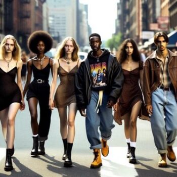 A modern interpretation of '90s supermodel street style, featuring a diverse group of models in iconic '90s fashion pieces