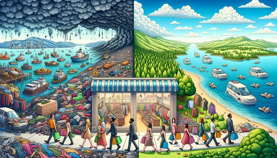 A split image showing fast fashion pollution on one side and a thriving eco-friendly <yoastmark class= A split image showing fast fashion pollution on one side and a thriving eco-friendly <yoastmark class=
