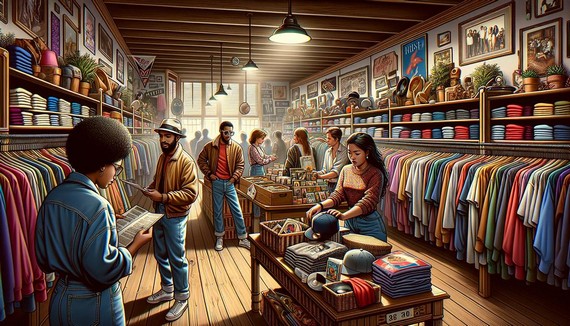 Interior of an authentic 90s vintage store with racks of clothing, accessories, and nostalgic decor Interior of an authentic 90s vintage store with racks of clothing, accessories, and nostalgic decor