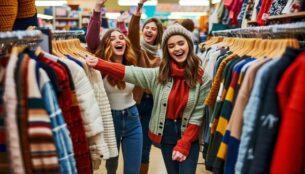 A diverse group of young adults excitedly browsing through racks of colourful vintage clothing in a bustling thrift store