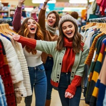 A diverse group of young adults excitedly browsing through racks of colourful vintage clothing in a bustling thrift store