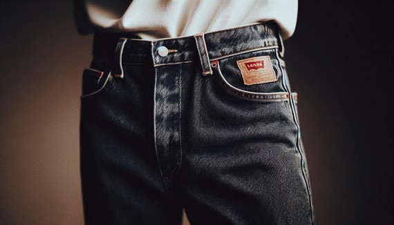 A pair of classic Levi's 501 high-waisted jeans from the 90s, showcasing their straight-leg cut and rigid denim fabric A pair of classic Levi's 501 high-waisted jeans from the 90s, showcasing their straight-leg cut and rigid denim fabric