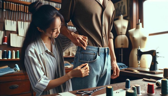 A tailor carefully adjusting and pinning a pair of vintage 90s high-waisted jeans on a customer A tailor carefully adjusting and pinning a pair of vintage 90s high-waisted jeans on a customer